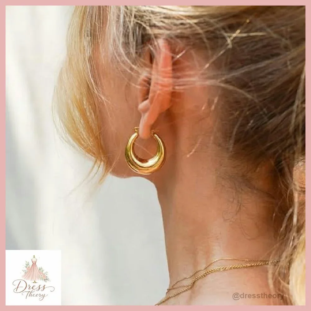 14K Gold Plated Chunky Triple Hoop Earrings Hypoallergenic 30mm - Picture 4 of 8